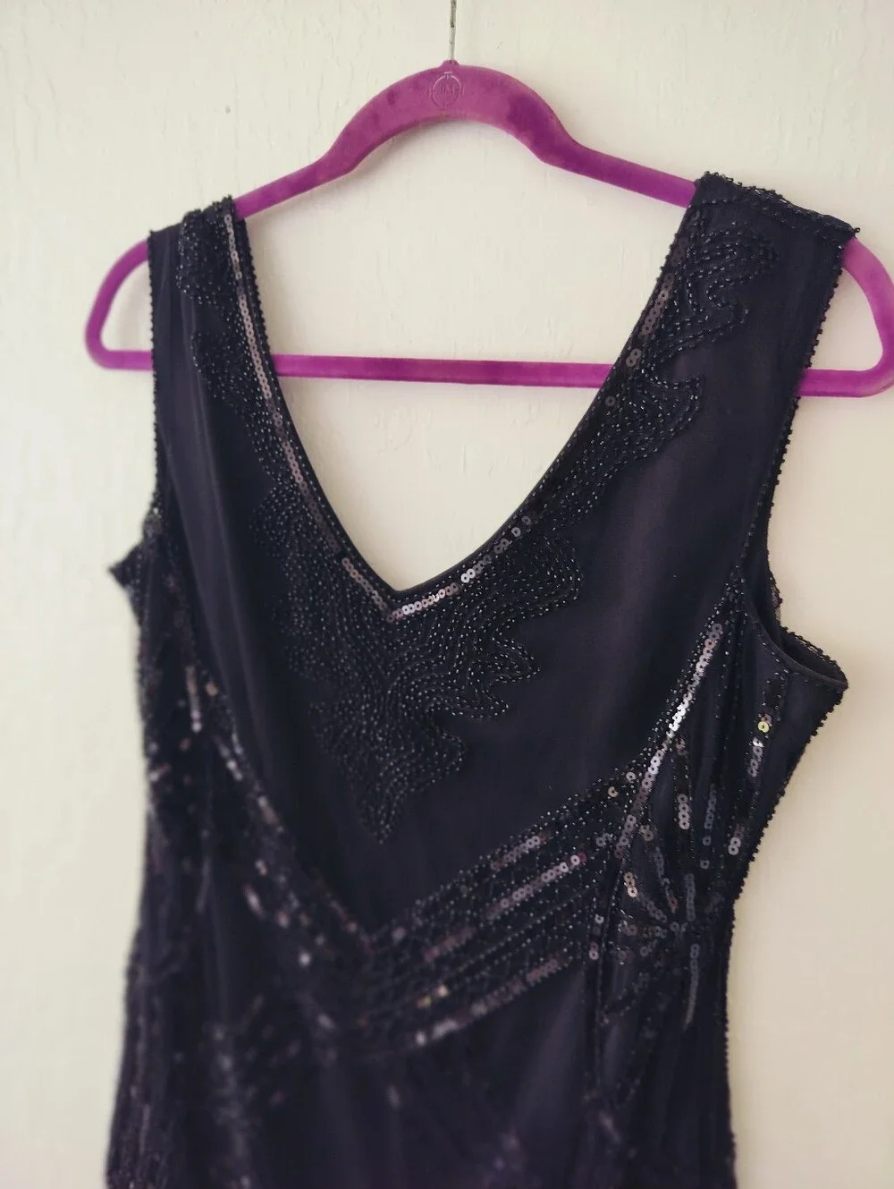 Black Sequined Fringe Art Deco Beaded Evening Cocktail Gown Flapper XL